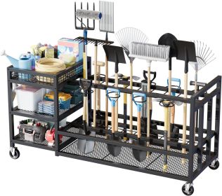 Rolling Garden Tool Organizer Rack with Storage Hooks – Metal, Black
