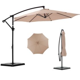 10 ft Offset Hanging Patio Umbrella with Base – Khaki, Tilt & Rotate