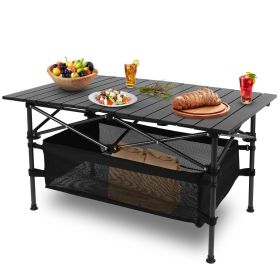 Folding Aluminum Camping Table with Roll-Up Top and Storage Basket
