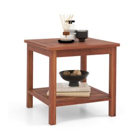 Double-Tier Acacia Wood Patio Side Table with Slatted Top and Shelf