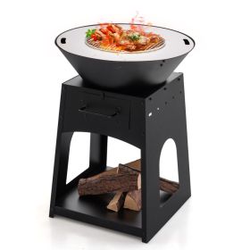 Patio Wood‑Burning Fire Pit with Log Rack, Grill Grate, and Ash Box