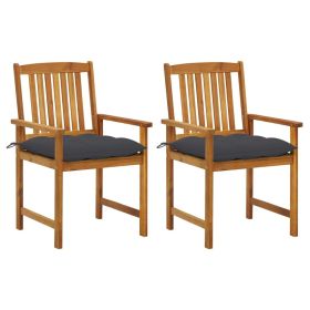 Set of 2 Garden Chairs with Anthracite Cushions and Natural Wood Frames