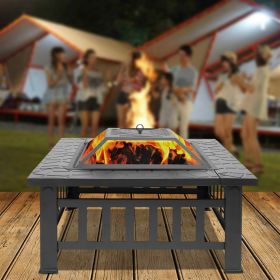 Portable Square Metal Fire Pit – 32" Black with Mesh Lid & Accessories