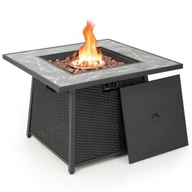 35" Propane Gas Fire Pit Table with Wicker Rattan Base, Lava Rocks, and PVC Cover