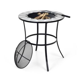 23.5" Round Wood‑Burning Fire Pit Table with Mesh Cover and Fire Poker