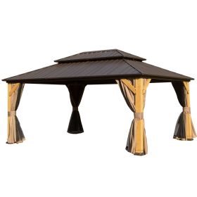 12' x 16' Cedar Wood Hardtop Gazebo – Steel Double Roof with Curtains & Netting