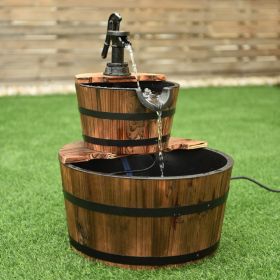 2‑Tier Wooden Barrel Waterfall Fountain – Rustic Fir Wood with Pump