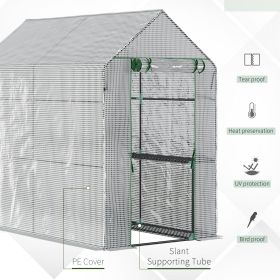 Walk-in Greenhouse, Outdoor Portable Green House with 4 Shelves, Plant Flower Growing Warm House with Roll-up Door, White