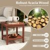 Double-Tier Acacia Wood Patio Side Table with Slatted Top and Shelf