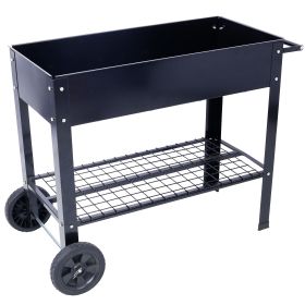 Elevated Mobile Metal Planter Garden Bed with Wheels and Shelf – Black