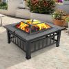 Portable Square Metal Fire Pit – 32" Black with Mesh Lid & Accessories