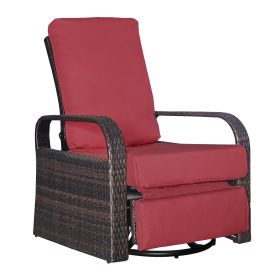 Outdoor Rattan Wicker Swivel Recliner Chair with 360° Rotation and Water-Resistant Cushion (Color: Red)