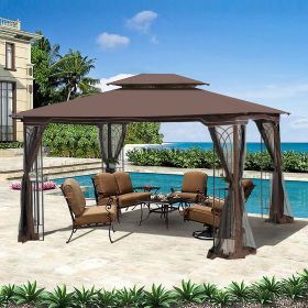 13' x 10' Patio Gazebo – Double‑Roof Canopy with 4‑Side Mesh (Color: Brown)