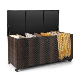 96 Gallon PE Wicker Outdoor Storage Box with Wheels (Color: Brown)