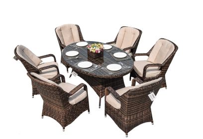 Grey Oval Patio Wicker 7 Piece Dining Set-Direct Wicker (Color: Dark Color)