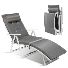 Adjustable Folding Chaise Lounge Chair with Pillow (Color: Gray)