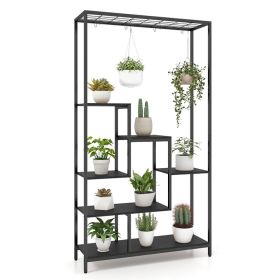 71" Tall 6-Tier Metal Plant Shelf with 10 Hanging Hooks (Color: Black)