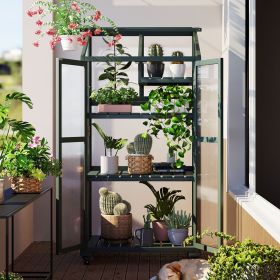 62" Tall Balcony Wood Greenhouse Cold Frame on Wheels (Color: Green)